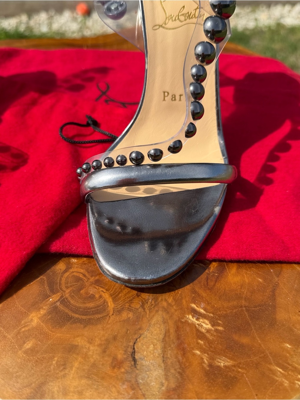 Christian Louboutin Silver Metallic and Clear Studded Stiletto Sandals - Picture 11 of 12